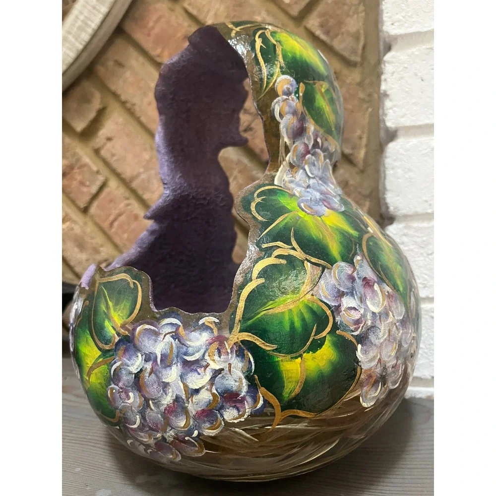 Vtg Hand-Painted Gourd Basket Hanging Planter Pot Stitched  Prple‎ green gold